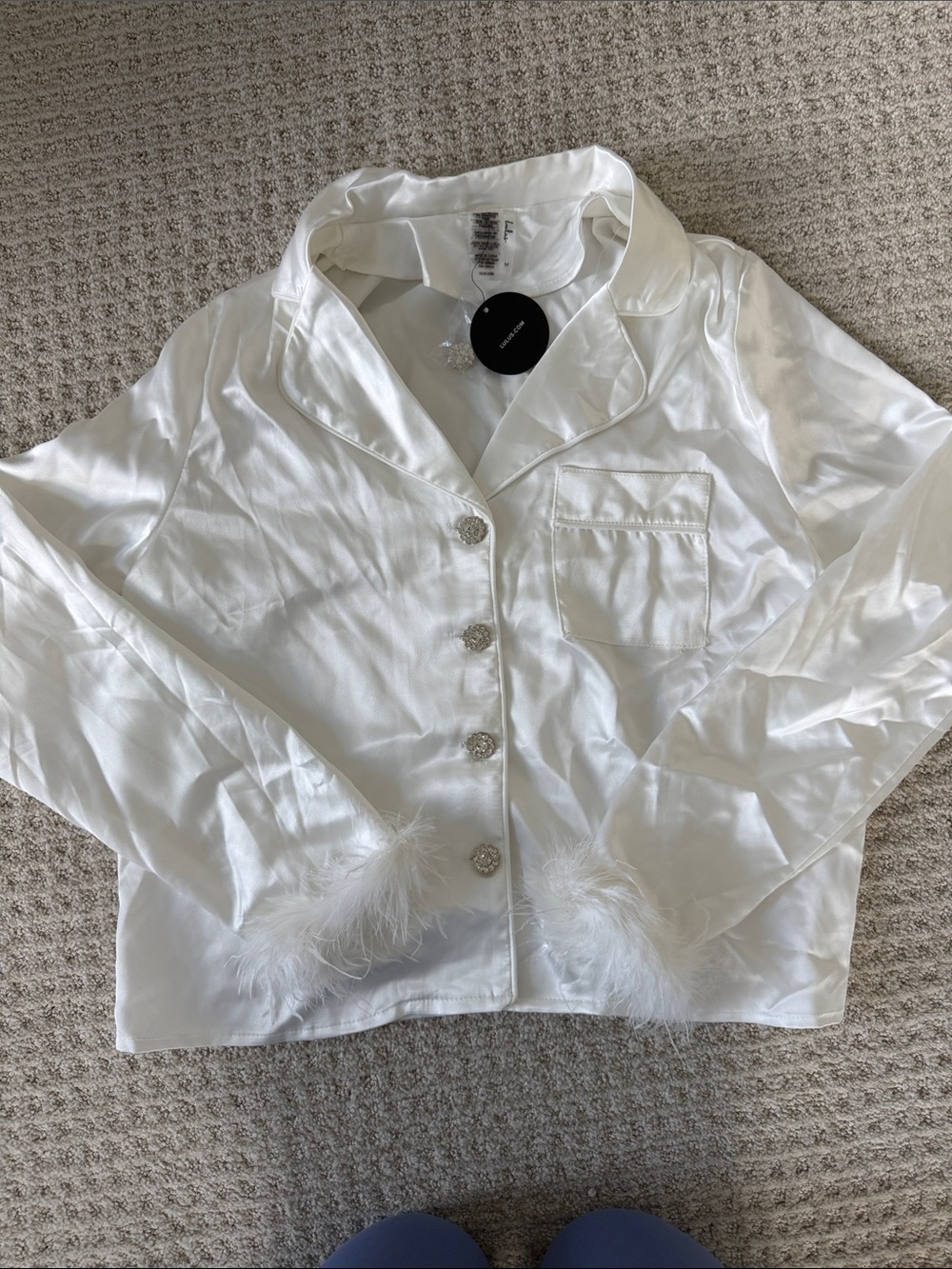 Lulu's White Satin Feather-Cuff Blazer